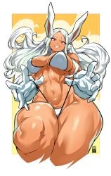 1girls abs animal_ears artist_name bare_shoulders bayeuxman biceps big_breasts bikini breasts bunny_ears cameltoe clothing curvy dark-skinned_female dark_skin eyelashes female female_focus female_only g-string grin highleg_bikini hips large_breasts long_hair looking_at_viewer miruko muscular muscular_female muscular_legs my_hero_academia navel nipple_bulge nipples nipples_visible_through_clothing orange_background parted_lips pinup red_eyes revealing_clothes rumi_usagiyama shiny_skin side-tie_bikini sideboob simple_background skimpy skindentation solo solo_female swimsuit teeth text thick_thighs thighs thong voluptuous watermark white_bikini white_hair wide_hips