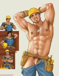 abs armpits arms_up bara beard body_hair clothes construction_worker dark_hair date_everything hairy hairy_armpits hairy_chest hat lemoni3 looking_at_viewer male_only muscular muscular_male nipples penis pubic_hair solo_male tattoo tony(date_everything) toolbox tools tradie worker
