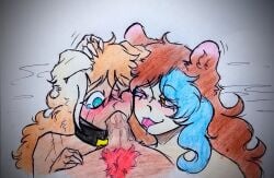 1boy 2girls assisted_fellatio big_penis blue_eyes blue_hair blush brown_hair canine chinchilla chinchilla_girl claws collar dog_ears dog_girl dog_tail forced keiramevt krexvt_(character) latam_virtual_youtuber light_brown_hair lilybell_vt one_eye_closed oneeshi pubic_hair red_hair sucking sucking_penis tear tearing_up tears tongue tongue_out two_tone_hair virtual_youtuber vtuber vtuberfanart