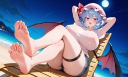 :o ai_generated arms_behind_head barefoot beach_chair bored crossed_legs denim_shorts feet foot_fetish foot_focus huge_breasts jitome looking_at_viewer nipples_visible_through_clothing outdoors remilia_scarlet see-through see-through_clothing short_sleeves sitting soles stable_diffusion thick_thighs thigh_strap toes touhou wide_hips