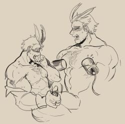 1boy all_might bara barazoku blonde_hair cum_machine erect_penis gay hairy_chest male male_focus male_only mature_male milk_extraction milking milking_machine muscles muscular muscular_male my_hero_academia pleasure_face promsien solo solo_male superhero toshinori_yagi yaoi
