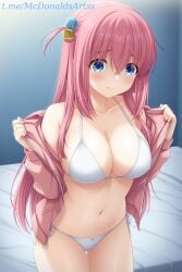 1female 1girls ai_generated bed bikini blue_eyes blush bocchi_the_rock! breasts cleavage closed_mouth collarbone commentary_request cowboy_shot crossed_bangs cube_hair_ornament female female female_focus female_solo gotoh_hitori gotou_hitori hair_between_eyes hair_ornament halterneck jacket large_breasts long_hair long_sleeves navel one_side_up open_clothes open_jacket pink_hair pink_jacket side-tie_bikini_bottom solo stable_diffusion stomach string_bikini swimsuit thigh_gap thighs track_jacket undressing white_bikini zelanell