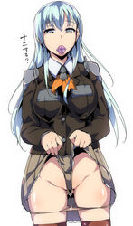 aqua_eyes aqua_hair clothing condom condom_in_mouth dripping dutch_angle female kadokawa_shoten kantai_collection long_hair mound_of_venus mouth_hold panties panty_pull pussy_juice school_uniform skirt skirt_lift solo standing suzuya_(kantai_collection) text thighhighs tomohiro_kai translated underwear