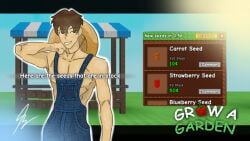 1boy arm_up artist_request copyright_name english_text game_ui gay grow_a_garden male_only overalls roblox roblox_game sam_(grow_a_garden) solo_male source_request tagme text topless winking_at_viewer