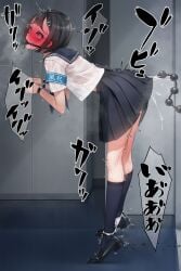 anal anal_beads black_hair blush bondage bondage bound bound_wrists cuffs cuffs-to-collar female gag gagged hair_ornament hairclip highres murakami_suigun original pleated_skirt sailor_collar school_uniform serafuku sex_toy shirt short_hair skirt socks solo white_shirt wiffle_gag