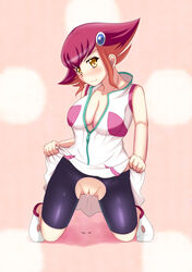 1girls anna_kozuki bike_shorts blush breasts cleavage female highres hourglass_figure latex looking_at_viewer miniskirt no_panties nurumoji pussy pussy_juice red_hair skin_tight skirt skirt_lift solo uncensored voluptuous wet_pussy yu-gi-oh! yu-gi-oh!_zexal