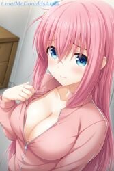 1female 1girls ai_generated blue_eyes blush bocchi_the_rock! breasts cleavage closed_mouth collarbone commentary_request cube_hair_ornament female female female_focus female_solo gotoh_hitori gotou_hitori hair_between_eyes hair_ornament indoors jacket large_breasts long_hair long_sleeves looking_at_viewer no_bra one_side_up partially_unzipped pink_hair pink_jacket raised_eyebrows solo stable_diffusion track_jacket upper_body zelanell