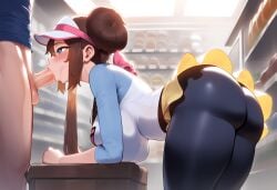 1boy 1girls ai_generated ass bent_over black_legwear blowjob blue_eyes bow breasts brown_hair fellatio female female_focus from_side hair_bun hat indoors leggings nintendo oral oral_sex pantyhose penis periph pokemon public public_sex rosa_(pokemon) skirt store thick_thighs thighs tights visor_cap