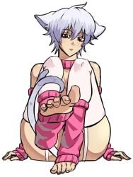 alternate_costume arm_warmers booozu_0 canon_genderswap cat_ears cat_tail catgirl feet female female_only foot_fetish foot_focus full_body garter_straps genderswap_(mtf) ginko_sakata gintama gintoki_sakata kemonomimi leg_warmers looking_at_viewer rule_63 short_hair sitting solo thick_thighs thighhighs very_short_hair white_hair white_legwear white_thighhighs wide_hips