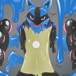 1:1 2024 drone first_person_view generation_4_pokemon goo_creature goo_transformation hi_res latex lucario lucario_transformation male multicolored_eyes nintendo pokemon pokemon_(species) riggedreded smile toy transformation