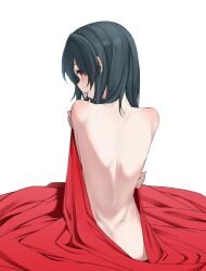 1girls absurdres alternate_hair_length alternate_hairstyle back bare_back black_hair blanket blush commentary_request completely_nude covering_privates dimples_of_venus from_behind highres long_hair looking_at_viewer looking_back love_live! love_live!_nijigasaki_high_school_idol_club mifune_shioriko nasuno_(nasuno42) nude nude_cover oerba_yun_fang open_mouth red_eyes sideways_glance simple_background skin_fang solo white_background