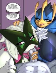 absurd_res anthro areola biped blue_body breasts dialogue empoleon english_text erection female female_penetrated fingers flaccid generation_4_pokemon generation_9_pokemon genitals group hi_res lobovalkiria male male/female male_penetrating male_penetrating_female meowscarada nintendo nipples oral oral_penetration penetration penile penile_penetration penis pink_eyes pokemon pokemon_(species) pupils sex speech_bubble text trio