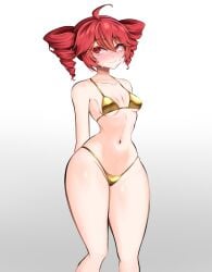 1girls 2d 2d_(artwork) ahoge arms_behind_back belly bikini blush blush breasts curvy curvy_female curvy_figure embarrassed embarrassed_female female female_only gold_bikini golden_bikini golden_week hourglass_figure kasane_teto looking_away navel red_eyes red_hair shiny_skin slim_waist small_breasts small_waist solo solo_female sweat sweating thick_thighs thighs twin_drills utau white_background wide_hips