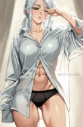 2d abdominals athletic_female awake breasts cd_projekt_red ciri female freckles green_eyes light-skinned_female looking_at_viewer mascara no_bra panties robustaart scar shirt_only solo solo_female the_witcher_(series) the_witcher_3:_wild_hunt waifu white_hair