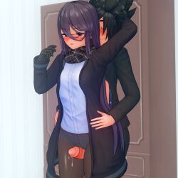 1:1 1boy 1boy1girl 1girls 3d 3d_(artwork) blush dark_green_hair gloves holding_waist jacket jacket_open koikatsu mfwknoh no_skirt original_character panties pantyhose penis precum precum_drip purple_eyes purple_hair scarf smelling_hair sweat thigh_sex