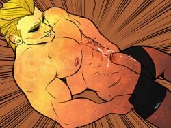 1boy abs all_might bara barazoku black_underwear blonde_hair blue_eyes cum_dripping cum_dripping_from_penis cum_leaking erect_penis gay male male_focus male_only mature_male muscles muscular muscular_male my_hero_academia oblivionscribe pulling_down_underwear solo solo_male superhero toshinori_yagi yaoi