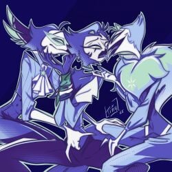 1:1 2025 andrealphus_(helluva_boss) anthro arms_tied avian bird bodily_fluids bondage bound clothed clothing collar demon digital_drawing_(artwork) digital_media_(artwork) ear_piercing ear_ring fingering fingering_partner french_kissing group helluva_boss hi_res kissing lgbt_pride male male/male owl owl_demon piercing pride_colors questionable_consent ring_piercing saliva sex spread_legs spreading stolas_(helluva_boss) tinycaterpillar trio vassago_(helluva_boss)