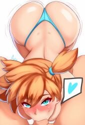 1boy :>= all_fours anisdrawn aqua_eyes ass ass_focus asymmetrical_hair bikini blue_panties blue_underwear blush breasts clothing deepthroat dimples_of_venus fellatio female female gym_leader heart high_resolution huge_ass kasumi_(pokemon) large_ass large_breasts looking_at_viewer male oral orange_hair pantsu penis pokemon pokemon_character ponytail short_hair side_ponytail solo_focus speech_bubble spoken_heart straight swimsuit thick_thighs thighs thong tied_hair underwear very_high_resolution