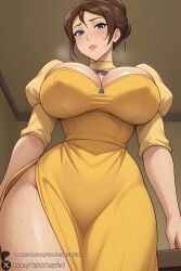 1female 1girls 2025 ai_generated artist_name bangs big_ass big_breasts blue_eyes blush breasts brown_hair cleavage cleavage_cutout closed_mouth clothing_cutout covered_nipples curvy dress from_below hair_bun hi_res high_quality high_resolution highres huge_ass huge_breasts indoors jane_porter juliet_sleeves large_breasts lips lipstick long_sleeves looking_at_viewer looking_down mature_female patreon patreon_username pink_lips puffy_sleeves single_hair_bun solo sweat tarzan_(1999_film) thick_thighs thighs unjobdespiert watermark yellow_dress