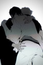 2boys ass ass_grab big_ass chimmyming embrace fully_clothed gay gintama gintoki_sakata hug kimono looking_at_viewer male male_only monochrome one_eye_closed takasugi_shinsuke yaoi
