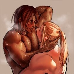2boys armpit_fetish armpit_sniffing blush hairy hairy_chest hairy_male long_hair male/male male_only muscular_male musk musk_clouds novak_rouge oc original original_characters sweat veiny_arms yaoi