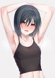 1girls absurdres armpits black_camisole black_hair blunt_ends blush bob_cut breasts camisole collarbone crop_top eyebrows_hidden_by_hair highres linea_alba love_live! love_live!_nijigasaki_high_school_idol_club mifune_shioriko nasuno_(nasuno42) navel nose_blush presenting_armpit red_eyes short_hair small_breasts solo steam steaming_body stomach sweatdrop sweaty_armpits tears upper_body