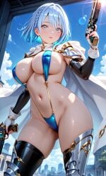 big_breasts bikini blue_eyes blue_hair breasts clothing_cutout competition_swimsuit dreizehn_(shadowverse) female highres lying male on_back one-piece_swimsuit rcos sex shadowverse short_hair side_cutout sling_bikini slingshot_swimsuit straight string_bikini swimsuit taianko3809 thighhighs thighs