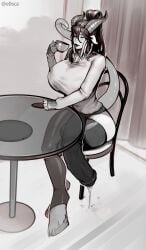 draenei e0sca futanari horsecock monochrome sitting sketch table world_of_warcraft