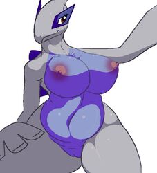 anthro avian big_breasts breasts chubby female furry legendary_pokemon lugia nintendo nipples nude plain_background pokemon pokemon_(species) purple_fur purple_skin pussy raptorkou red_eyes solo video_games white_background white_fur white_skin