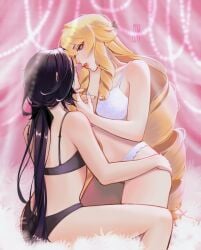 2girls bisexual blonde_hair blue_eyes clorinde_(genshin_impact) female female_only genshin_impact lingerie lovers navia_(genshin_impact) pink_background purple_hair wholesome yuri