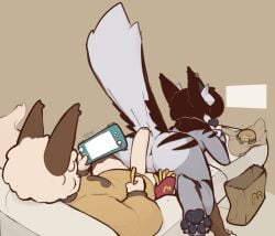 2025 absurd_res anthro anthro_on_anthro anus ass bag balls barely_visible_balls barely_visible_genitalia big_butt big_penis bottomless bottomless_male burger claws clothed clothed/nude clothing controller digitigrade divu_(divucup) divucup domestic_cat duo ear_piercing ear_ring electronics erection felid feline felis food foreskin fries fur furniture game_console game_controller gaming genitals glans grey_background hair hi_res holding_food holding_object humanoid_genitalia humanoid_penis imminent_sex lying male male/male mammal mcdonald's nintendo nintendo_switch nintendo_switch_lite nude on_front on_sofa pawpads penis perineum piercing playing_video_game ring_piercing signature simple_background sitting sofa sweater thick_thighs topwear tuft unretracted_foreskin