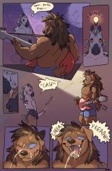 animal_genitalia animal_penis anthro bare_chest blush blush_lines bodily_fluids bottomwear brown_body brown_fur brown_nose canid canine canine_teeth canis charles_(owlflame) cheering clothing concert crowd denim denim_bottomwear denim_clothing denim_shorts domestic_dog drinking drinking_urine equid equine equine_genitalia equine_penis equine_tail erection exhibitionism floppy_ears fur gasp genital_fluids genitals group guitar hair hi_res horse idea_bulb krakencalamari long_hair male male/male mammal mane markings muscular muscular_male musical_instrument onomatopoeia pants_only peeing peeing_on_another peeing_on_face peeing_while_erect penis pink_tongue plucked_string_instrument sharp_teeth short_tail shorts sound_effects speech_bubble spots spotted_body spotted_fur spotted_genitalia spotted_penis string_instrument tail tail_motion tailwag teeth text thought_bubble tongue unzipping unzipping_pants urine urine_drip urine_in_mouth urine_on_face urine_stream watersports yelled_(owlflame)