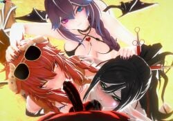 3girls american_flag_bikini balls balls_in_mouth beach big_breasts bikini black_hair black_sclera blowjob blowjob_face blue_eyes braid breasts bunny_girl choker cleavage cock_worship cottontail_(vtuber) cowgirl_outfit cum cum_in_mouth dark-skinned_male demon_wings dragon_girl eye_contact fellatio foursome green_eyes grey_skin group group_sex hand_on_head head_grab helping_hand horns huge_breasts indie_virtual_youtuber large_breasts layna_lazar licking licking_balls looking_at_viewer looking_up massive_breasts outdoors pink_eyes ponytail public purple_hair red_hair sand semen spamkaju sunglasses syringe tongue two_tone_hair virtual_youtuber vshojo vtuber wings yellow_eyes zentreya