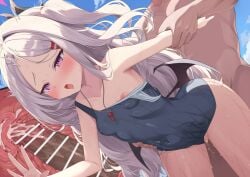 1boy bar_censor blue_archive blush breasts censored cross_section female fujieda_uzuki hair_ornament hina_(blue_archive) hina_(swimsuit)_(blue_archive) horns long_hair nipples one-piece_swimsuit open_mouth penis purple_eyes school_swimsuit sex sex_from_behind small_breasts straight swimsuit vaginal_penetration whistle whistle_around_neck white_hair wings
