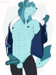 2025 3:4 abs anthro athletic athletic_anthro athletic_male balls biped blue_penis bottomwear bottomwear_down clothed clothing digital_media_(artwork) eeveelution erection foreskin generation_4_pokemon genitals glaceon hi_res humanoid_genitalia humanoid_penis jacket looking_at_viewer male male_anthro nintendo nipples open_clothing open_jacket open_topwear pants pants_down partially_clothed penis pokemon pokemon_(species) rustymiko smile smiling_at_viewer solo topwear