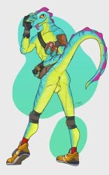 5:8 anthro anus ass athletic athletic_male backsack balls bandolier blep clothing digital_media_(artwork) epic_games exposure_variation fanny_pack fingerless_gloves footwear fortnite genitals gloves green_balls green_body hand_on_face handwear hi_res humanoid_genitalia knee_pads krowbutt lizard lizzik_(fortnite) looking_at_viewer looking_back looking_back_at_viewer male mostly_nude orange_clothing orange_footwear plantigrade raised_heel raised_tail reptile scales scalie shoes simple_background smile smiling_at_viewer solo tail tongue tongue_out