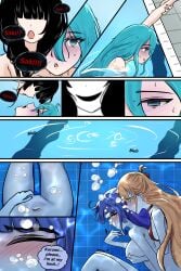 4girls air_bubbles big_breasts bikini black_hair blonde_hair blue_eyes blue_hair blush dark_hair drowned female fingering green_eyes marima666_(artist) naked pool purple_hair small_breasts swimming_pool underwater water