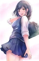 1girls bag black_hair blue_skirt blue_vest brown_eyes female from_below highres holding holding_bag looking_at_viewer looking_back medium_hair open_mouth original pleated_skirt school_uniform shirt skirt solo tokeshi vest white_shirt