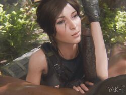 1boy 1girls 3d dark-skinned_male dark_skin female forearm_cock interracial lara_croft lara_croft_(survivor) light-skinned_female light_skin male penis tomb_raider tomb_raider_(survivor) yakenaris