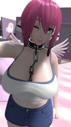 3d angel angel_wings blue_eyes chain chain_leash denim denim_skirt ikaros pink_hair sora_no_otoshimono tag tagme vrchat white_wings