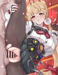 1boy :o absurdres alice_thymefield animal_ears bar_censor black_skirt blonde_hair blush breasts censored daram_(shappydude) female fingerless_gloves gloves hand_on_own_leg heart heterochromia highres indoors large_breasts long_hair md5_mismatch orange_eyes pantyhose penis pleated_skirt red_eyes sex shirt skirt split standing standing_on_one_leg standing_sex standing_split straight sweat torn_clothes torn_pantyhose vaginal_penetration white_shirt zenless_zone_zero