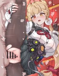 1boy :o absurdres alice_thymefield animal_ears bar_censor black_skirt blonde_hair blush breasts censored daram_(shappydude) female fingerless_gloves gloves hand_on_own_leg heart heterochromia highres indoors large_breasts long_hair md5_mismatch open_mouth orange_eyes pantyhose penis pleated_skirt red_eyes sex shirt skirt split spoken_heart standing standing_on_one_leg standing_sex standing_split straight sweat torn_clothes torn_pantyhose vaginal_penetration white_shirt zenless_zone_zero