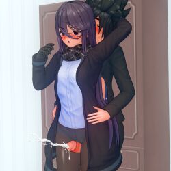 1:1 1boy 1boy1girl 1girls 3d 3d_(artwork) :o blush cum dark_green_hair ejaculation gloves holding_waist jacket jacket_open koikatsu mfwknoh no_skirt original_character panties pantyhose penis purple_eyes purple_hair scarf smelling_hair sweat thigh_sex