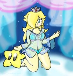 bra female human lingerie luma mario_(series) nintendo on_bed panties princess_rosalina see-through sheer super_mario_galaxy xero-j