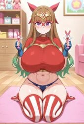 ai_generated alternate_breast_size apron belly belly_button big_breasts black_stockings blush breasts brown_hair civitai collarbone covered_collarbone female glasses huge_breasts large_breasts long_hair looking_at_viewer) mature_female milf, multicolored_hair navel_cutout no_panties ohdo_yuamu pantyless purple_eyes sideboob thick_thighs wonder_woman_(cosplay) yu-gi-oh! yu-gi-oh!_go_rush!! yuamu_ohdo