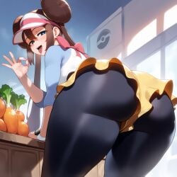 1girls ai_generated ass ass_focus big_ass black_legwear blowjob_gesture blue_eyes bow brown_hair fellatio_gesture female female_focus from_below hair_bun hat indoors large_ass leggings nintendo pantyhose periph pokemon public rosa_(pokemon) skirt store thick_thighs thighs tights visor_cap