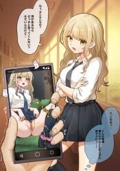 :o blonde_hair blush breasts imminent_blackmail large_breasts long_hair minami_omo necktie open_mouth panties panties_around_one_leg peeing phone pink_panties pink_underwear pubic_hair pussy school_uniform skirt skirt_lift spread_legs tongue translation_request underwear window yellow_eyes