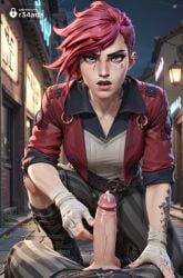 1boy 1boy1girl 1girls ai_generated arcane arcane_vi arm_tattoo artist_name asymmetrical_hair bandages blue_eyes boots breasts cum ear_piercing erection facial_tattoo female fingerless_gloves futa_with_female futanari gloves hi_res intersex jacket league_of_legends lips looking_at_viewer male neck_tattoo netflix night open_clothes open_jacket outdoors pants penis piercing pink_hair pinstripe_pattern pov pov_crotch precum r34arts red_hair red_jacket riot_games scar short_hair solo_focus straight striped_clothes striped_pants tattoo tongue tongue_out uncensored undercut veiny_penis vertical-striped_clothes vertical-striped_pants vi vi_(league_of_legends) watermark