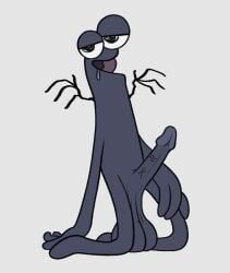 2022 3_fingers adult_swim balls bedroom_eyes black_balls black_body black_eyes black_penis black_skin black_wings bodily_fluids cartoon_network demon drooling erection fingers genitals glans grey_background grey_glans half-closed_eyes hand_on_leg humanoid humanoid_genitalia humanoid_penis jeremy_(smiling_friends) kneeling looking_at_viewer male narrowed_eyes not_furry open_mouth penis pink_tongue saggy_balls saliva seductive simple_background smiling_friends solo tongue tongue_out vein veiny_penis winged_humanoid wings zonkpunch
