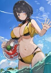 1girls :o beach_ball bikini black_hair blue_eyes blush_stickers bob_cut female gundam gundam_gquuuuuux holding_object large_breasts looking_at_viewer ocean partially_submerged partially_underwater_shot shiiko_sugai short_hair swimsuit the_orphy zaku